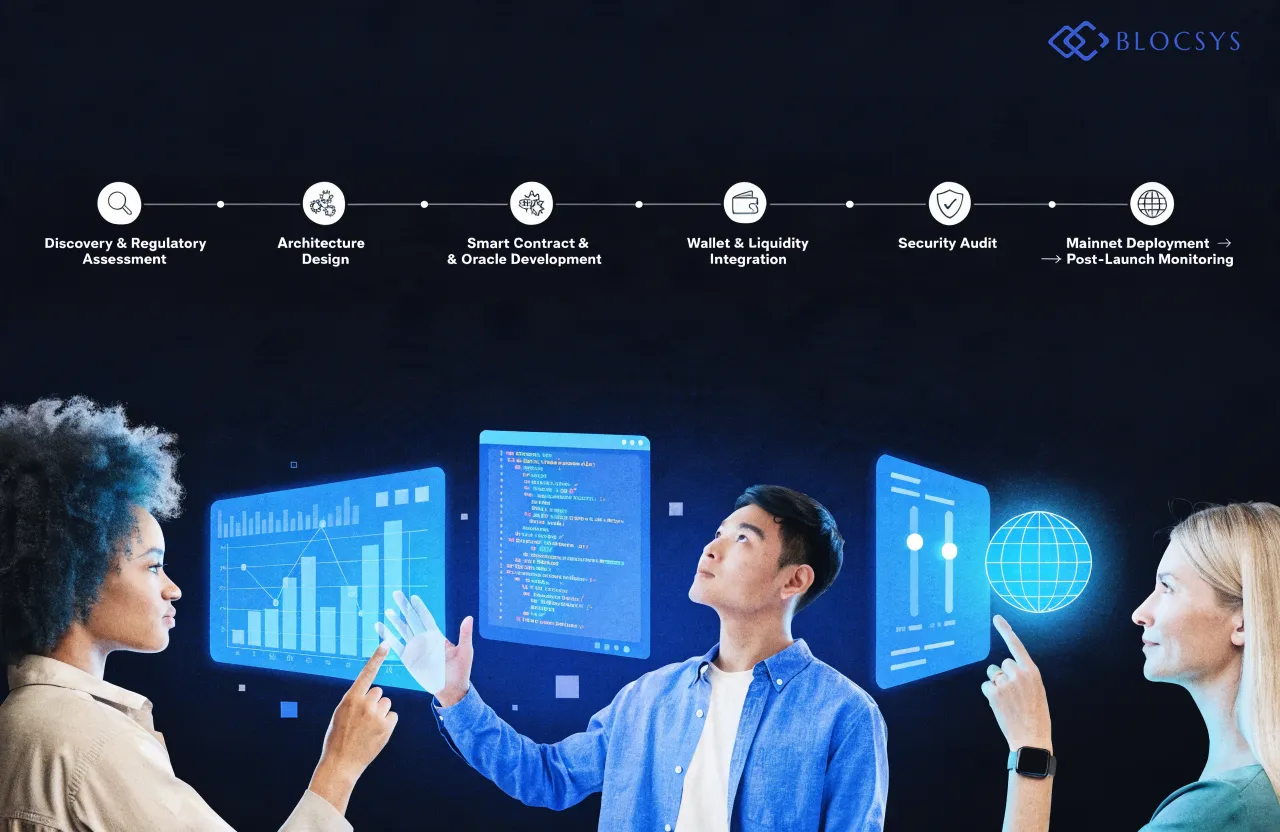 Prediction Market Platform — Flow diagram showing enterprise implementation roadmap: Discovery & Regulatory Assessment → Architecture Design → Smart Contract & Oracle Development → Wallet & Liquidity Integration → Security Audit → Mainnet Deployment → Post-Launch Monitoring