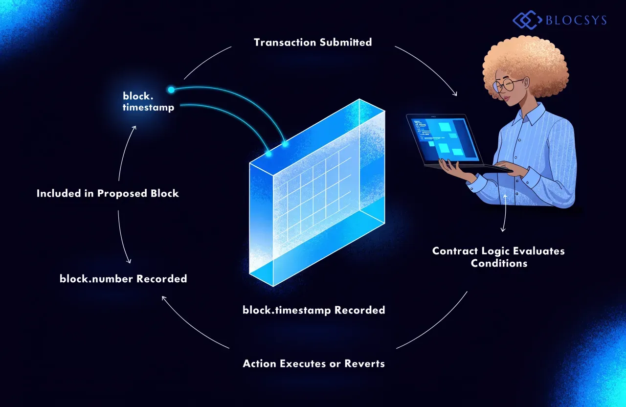 Ethereum Block Calculator — Flow diagram showing block.number and block.timestamp usage in a smart contract: Transaction Submitted → Included in Proposed Block → block.number Recorded → block.timestamp Recorded → Contract Logic Evaluates Conditions → Action Executes or Reverts