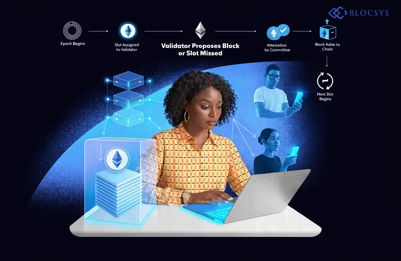 Ethereum Block Calculator — Flow diagram showing Ethereum Proof-of-Stake block production: Epoch Begins → Slot Assigned to Validator → Validator Proposes Block or Slot Missed → Attestation by Committee → Block Added to Chain → Next Slot Begins