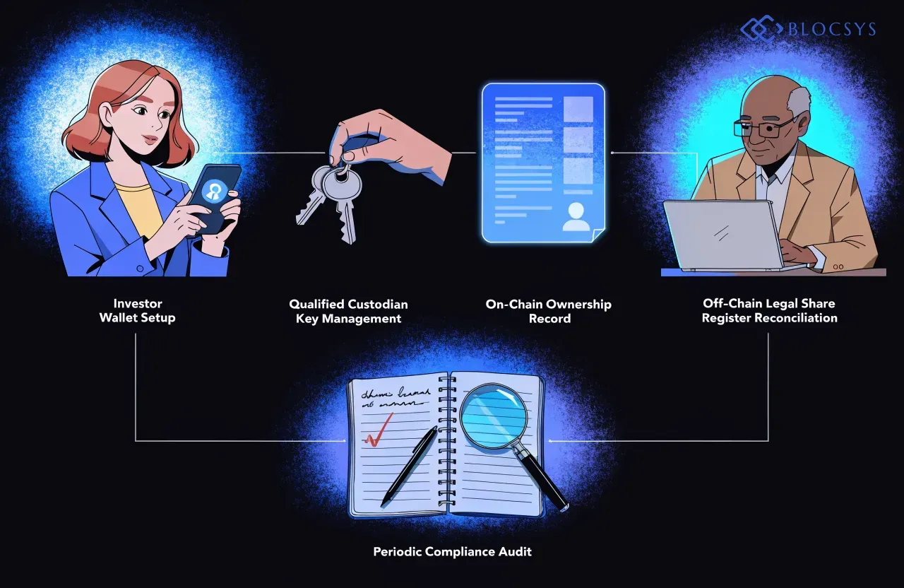 Equity tokenization compliance — Flow diagram showing tokenized equity custody and ownership verification process: Investor Wallet Setup → Qualified Custodian Key Management → On-Chain Ownership Record → Off-Chain Legal Share Register Reconciliation → Periodic Compliance Audit