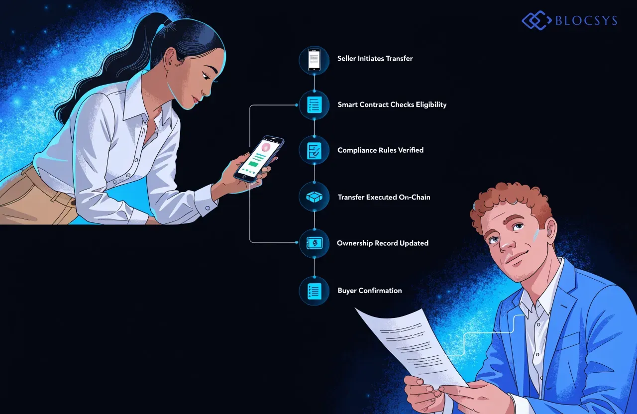 Tokenized Equity Liquidity — Flow diagram showing the tokenized share transfer process: Seller Initiates Transfer → Smart Contract Checks Eligibility → Compliance Rules Verified → Transfer Executed On-Chain → Ownership Record Updated → Buyer Confirmation