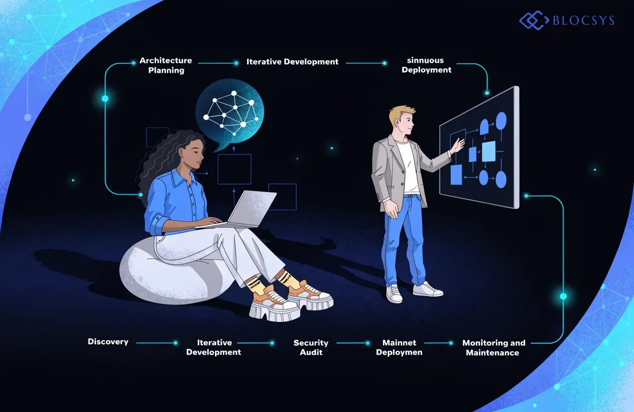 Web3 Development Team — [Flow diagram showing blockchain development workflow: Discovery → Architecture Planning → Iterative Development → Continuous Testing → Security Audit → Mainnet Deployment → Monitoring and Maintenance]
