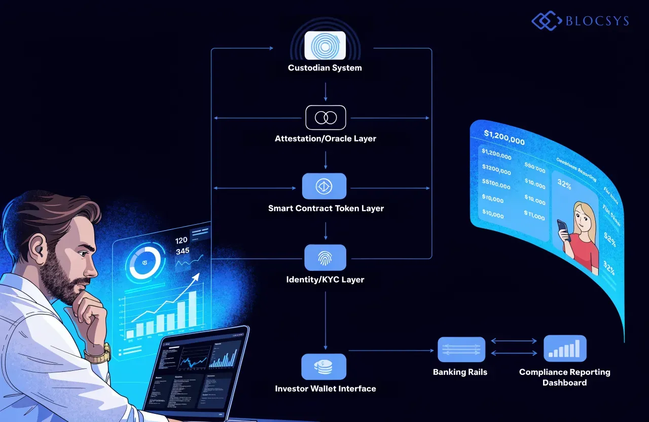 On-Chain Treasury Platforms — [System architecture diagram showing on-chain Treasury platform components: Custodian System ↔ Attestation/Oracle Layer ↔ Smart Contract Token Layer ↔ Identity/KYC Layer ↔ Investor Wallet Interface, with Banking Rails connecting to Fiat Settlement and Compliance Reporting Dashboard]