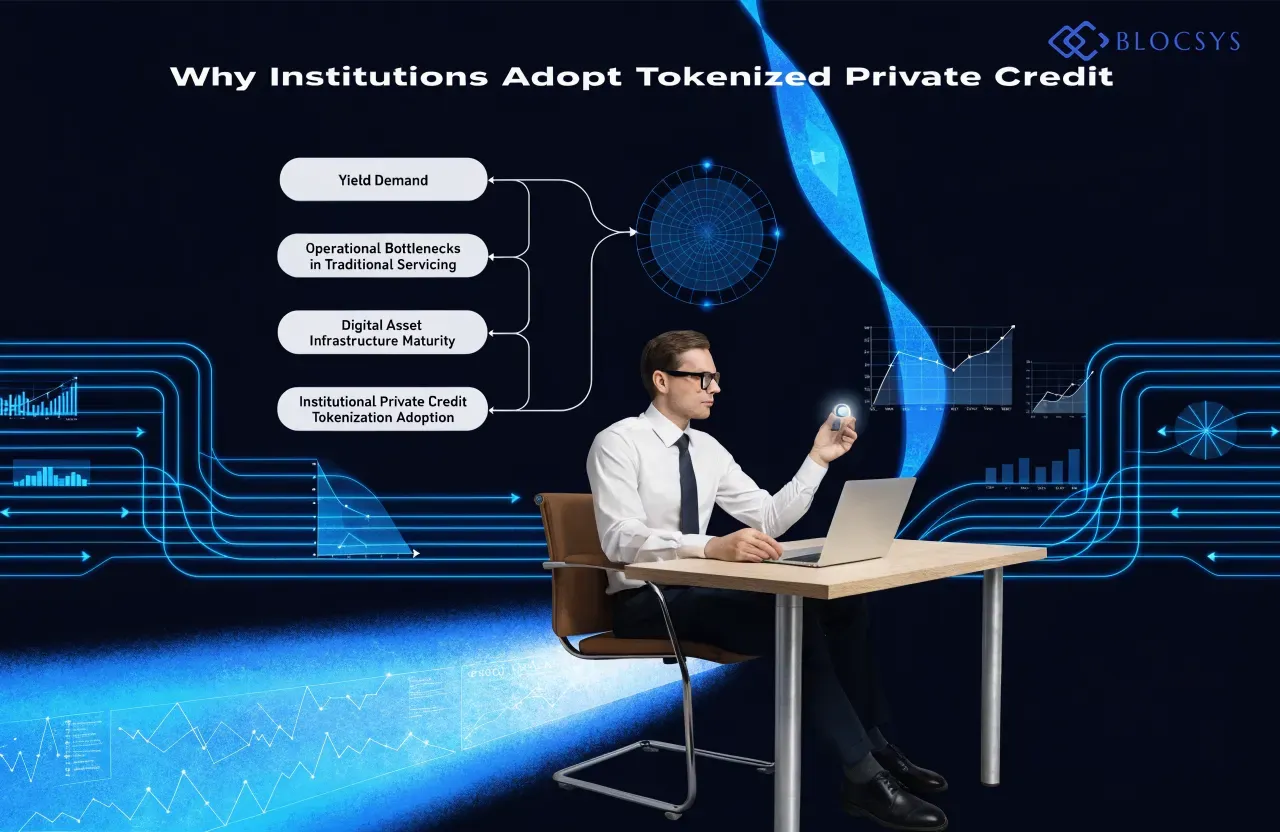 Tokenized Private Credit — [Flow diagram showing why institutions adopt tokenized private credit: Yield Demand → Operational Bottlenecks in Traditional Servicing → Digital Asset Infrastructure Maturity → Institutional Private Credit Tokenization Adoption]