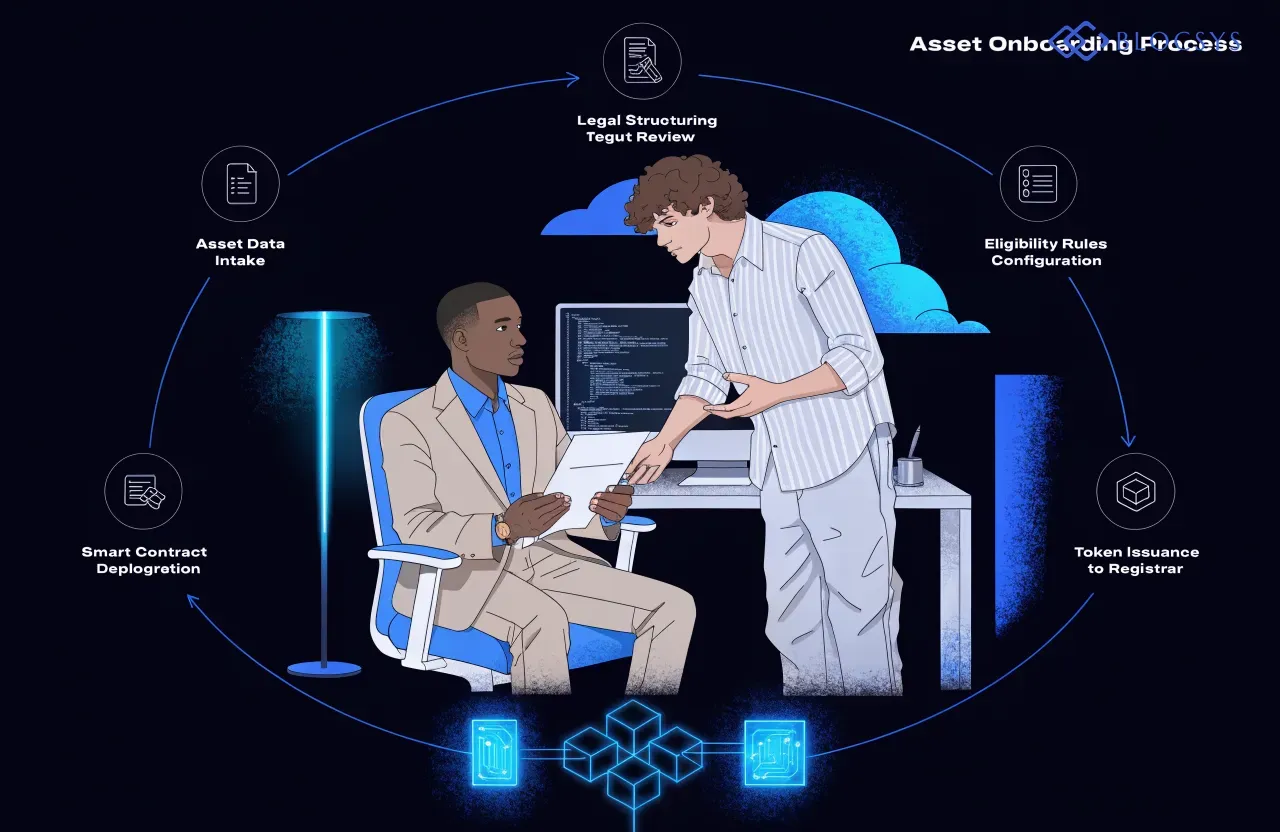 RWA Tokenization Software — [Flow diagram showing asset onboarding workflow: Asset Data Intake → Legal Structuring Review → Eligibility Rules Configuration → Smart Contract Deployment → Token Issuance to Registrar]