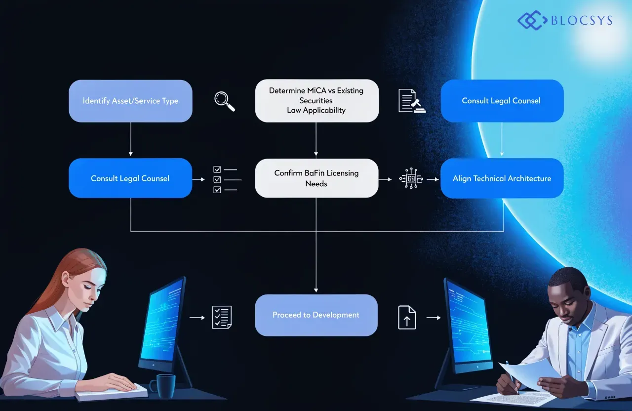 Blockchain Development Company in Germany — [Flow diagram showing regulatory assessment process for blockchain projects in Germany: Identify Asset/Service Type → Determine MiCA vs Existing Securities Law Applicability → Consult Legal Counsel → Confirm BaFin Licensing Needs → Align Technical Architecture → Proceed to Development]