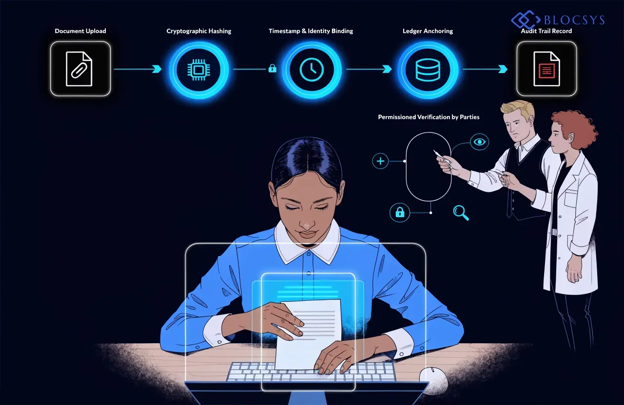 Blockchain Document Verification Software — Flow diagram showing the blockchain document verification workflow: Document Upload → Cryptographic Hashing → Timestamp & Identity Binding → Ledger Anchoring → Permissioned Verification by Parties → Audit Trail Record