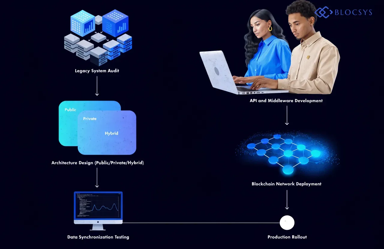 Blockchain Development Company in Singapore — [Flow diagram showing enterprise blockchain integration process: Legacy System Audit → Architecture Design (Public/Private/Hybrid) → API and Middleware Development → Blockchain Network Deployment → Data Synchronization Testing → Production Rollout]