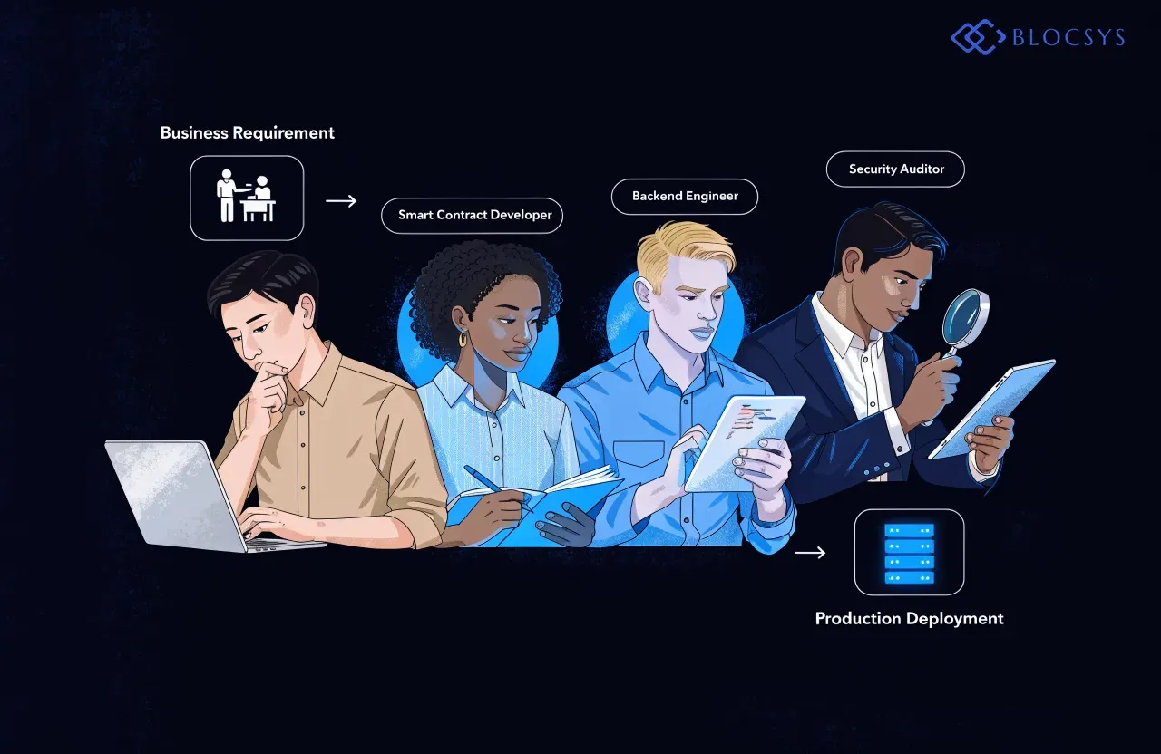 Hire Blockchain Developers in Austria — [Flow diagram showing blockchain project role mapping: Business Requirement → Smart Contract Developer → Blockchain Architect → Backend Engineer → Security Auditor → Production Deployment]