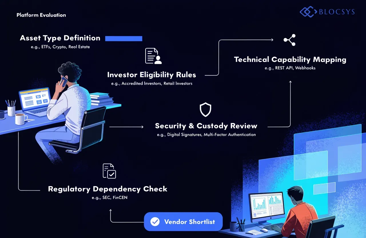 Private equity tokenization in the USA — [Flow diagram showing the platform evaluation decision path: Asset Type Definition → Investor Eligibility Rules → Technical Capability Mapping → Security & Custody Review → Regulatory Dependency Check → Vendor Shortlist]