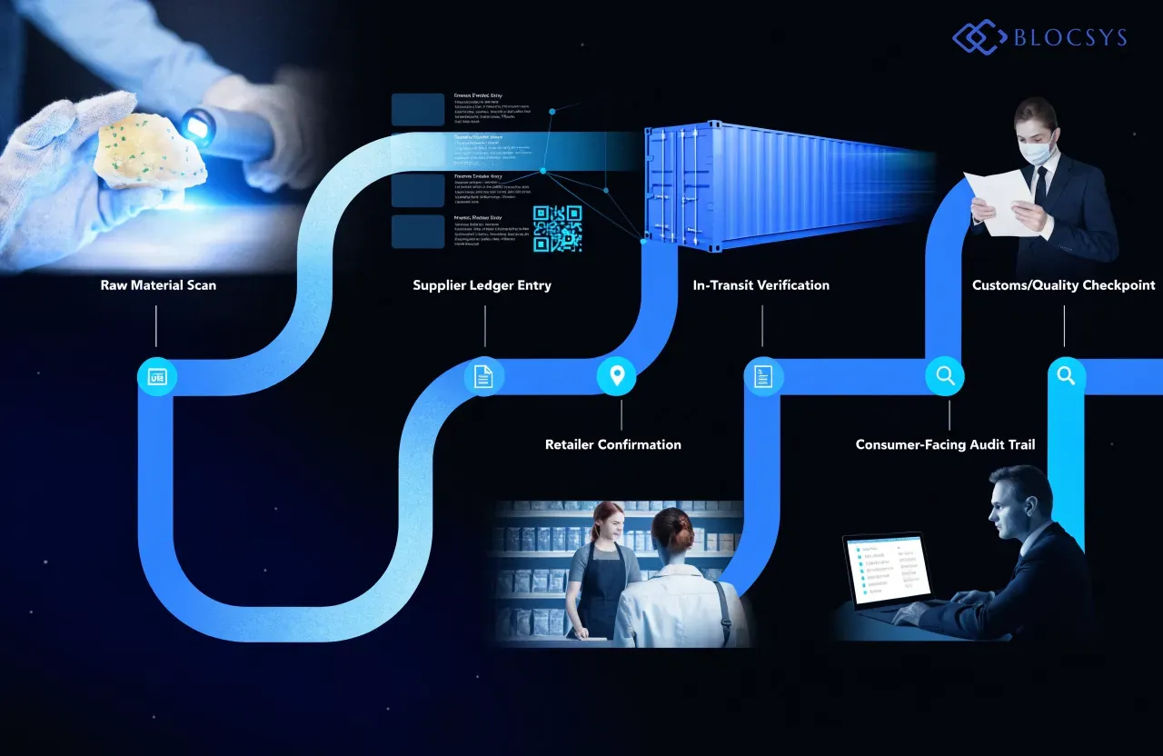 Blockchain use cases for businesses in 2027 — [Flow diagram showing supply chain traceability on blockchain: Raw Material Scan → Supplier Ledger Entry → In-Transit Verification → Customs/Quality Checkpoint → Retailer Confirmation → Consumer-Facing Audit Trail]