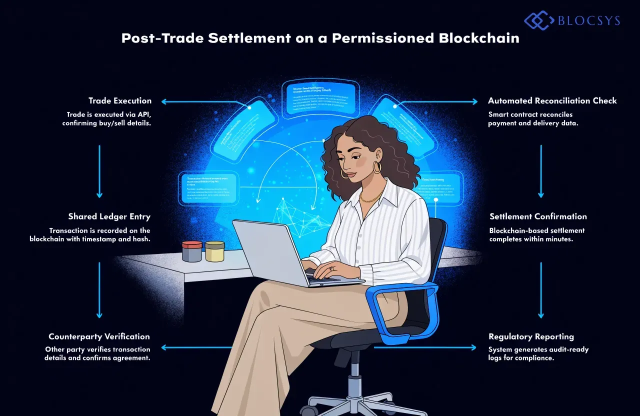 Blockchain use cases for businesses in 2027 — [Flow diagram showing post-trade settlement on a permissioned blockchain: Trade Execution → Shared Ledger Entry → Counterparty Verification → Automated Reconciliation Check → Settlement Confirmation → Regulatory Reporting]