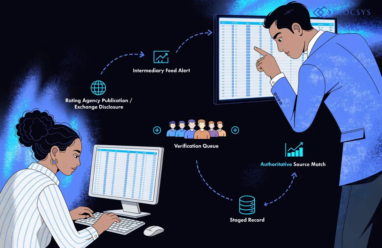 Corporate bond tokenization — [Flow diagram showing rating-event ingestion: Rating Agency Publication / Exchange Disclosure → Intermediary Feed Alert → Verification Queue → Authoritative Source Match → Staged Record]