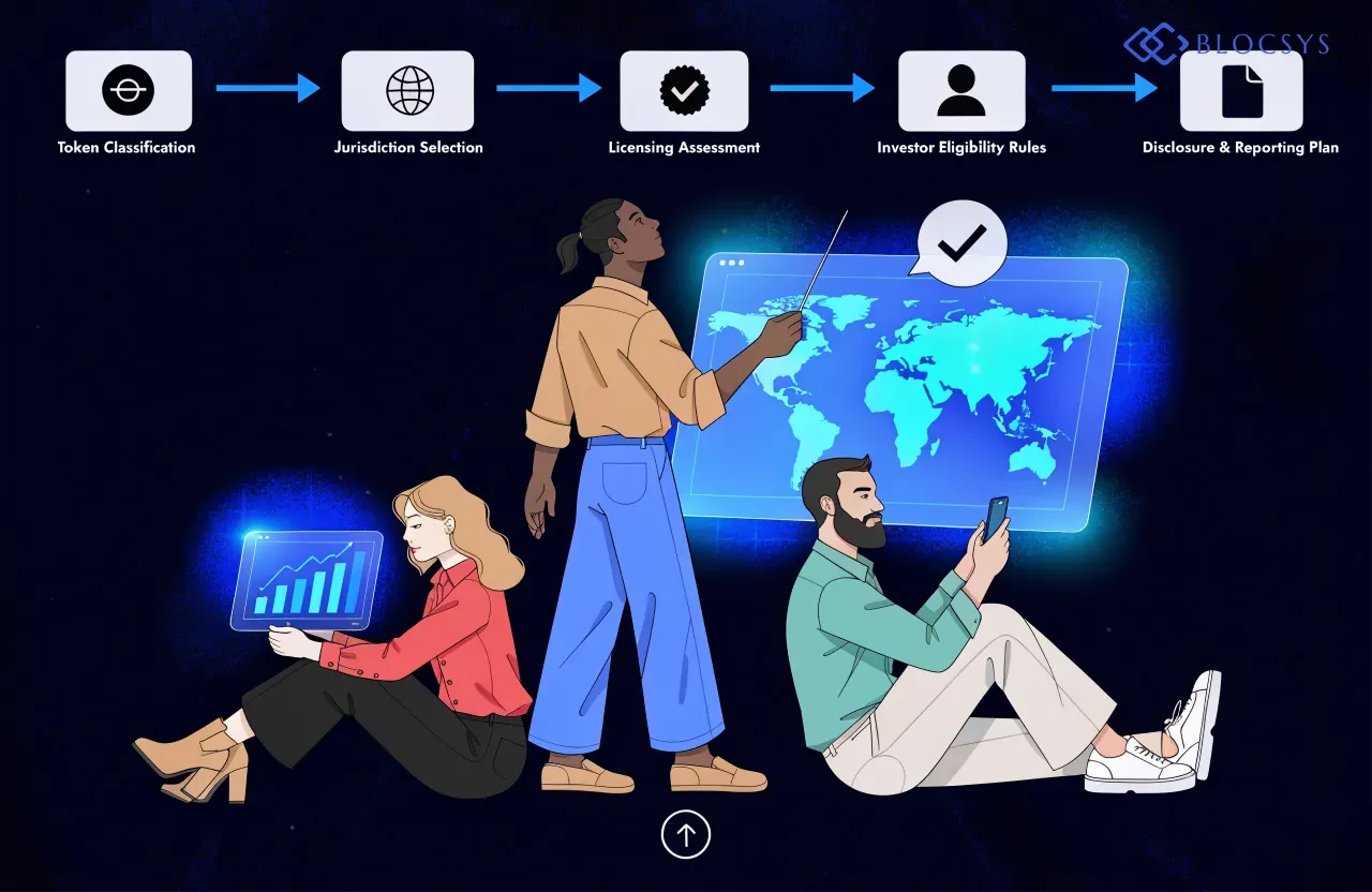 RWA tokenization launch readiness — Flow diagram showing compliance dependency mapping: Token Classification → Jurisdiction Selection → Licensing Assessment → Investor Eligibility Rules → Disclosure & Reporting Plan