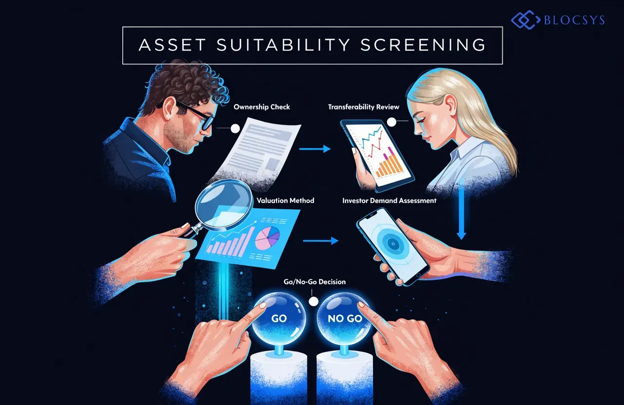RWA tokenization launch readiness — Flow diagram showing asset suitability screening: Ownership Check → Transferability Review → Valuation Method → Investor Demand Assessment → Go/No-Go Decision