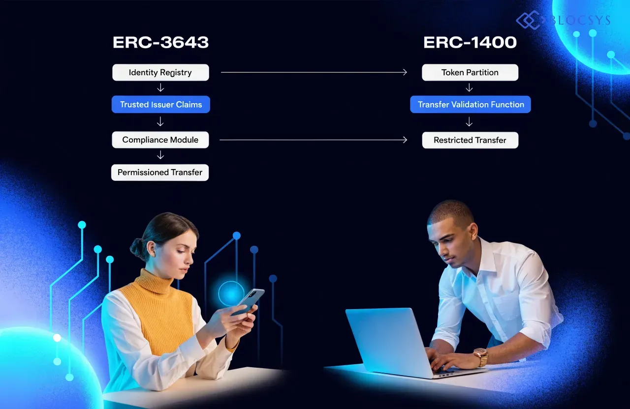 ERC-3643 vs. ERC-1400 — [Flow diagram comparing two smart contract architectures: ERC-3643 path showing Identity Registry → Trusted Issuer Claims → Compliance Module → Permissioned Transfer, versus ERC-1400 path showing Token Partition → Transfer Validation Function → Restricted Transfer]
