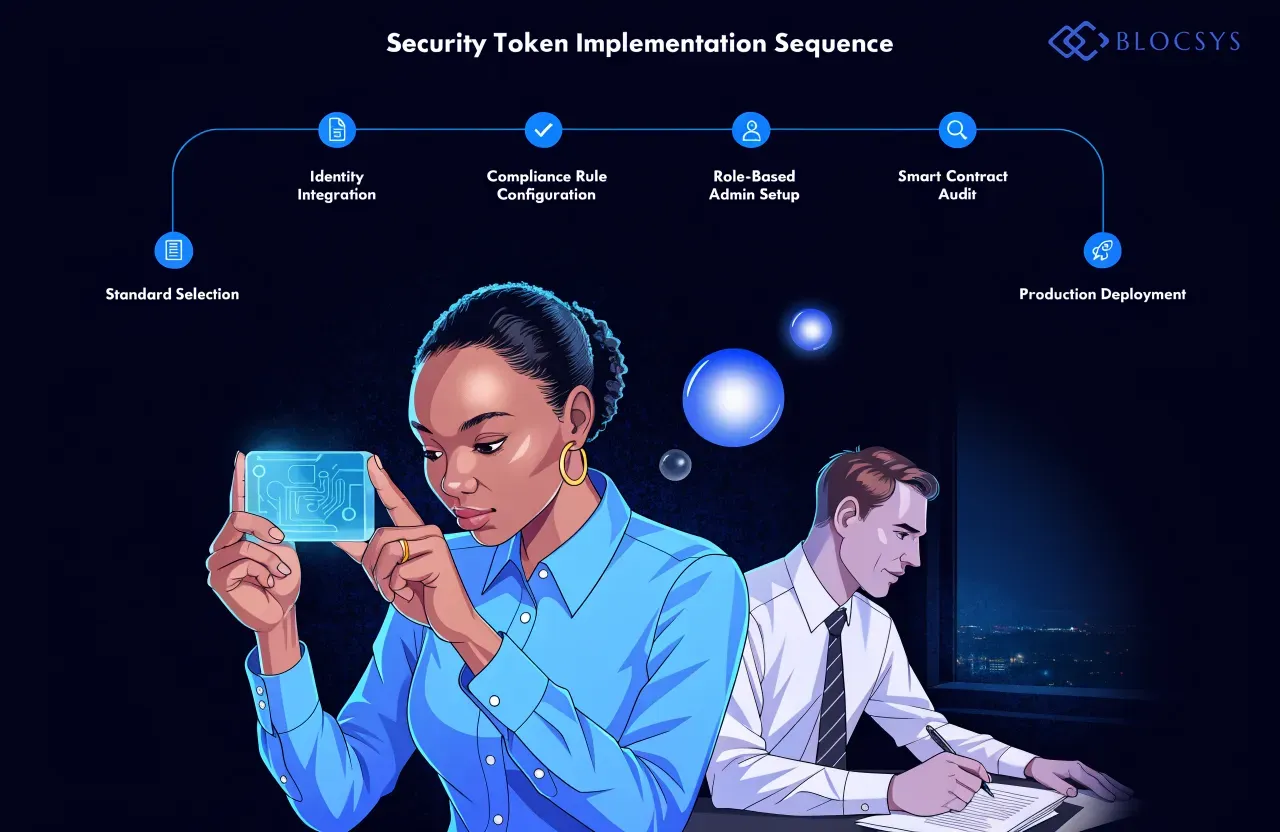 ERC-3643 vs. ERC-1400 — [Flow diagram showing security token implementation sequence: Standard Selection → Identity Integration → Compliance Rule Configuration → Role-Based Admin Setup → Smart Contract Audit → Production Deployment]
