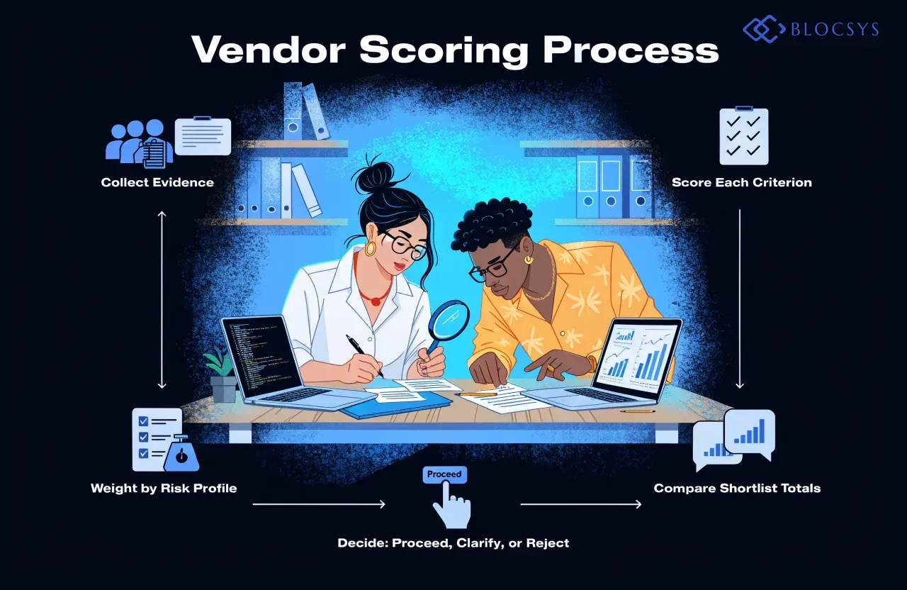 Blockchain vendor evaluation — [Flow diagram showing the vendor scoring process: Collect Evidence → Score Each Criterion → Weight by Risk Profile → Compare Shortlist Totals → Decide: Proceed, Clarify, or Reject]