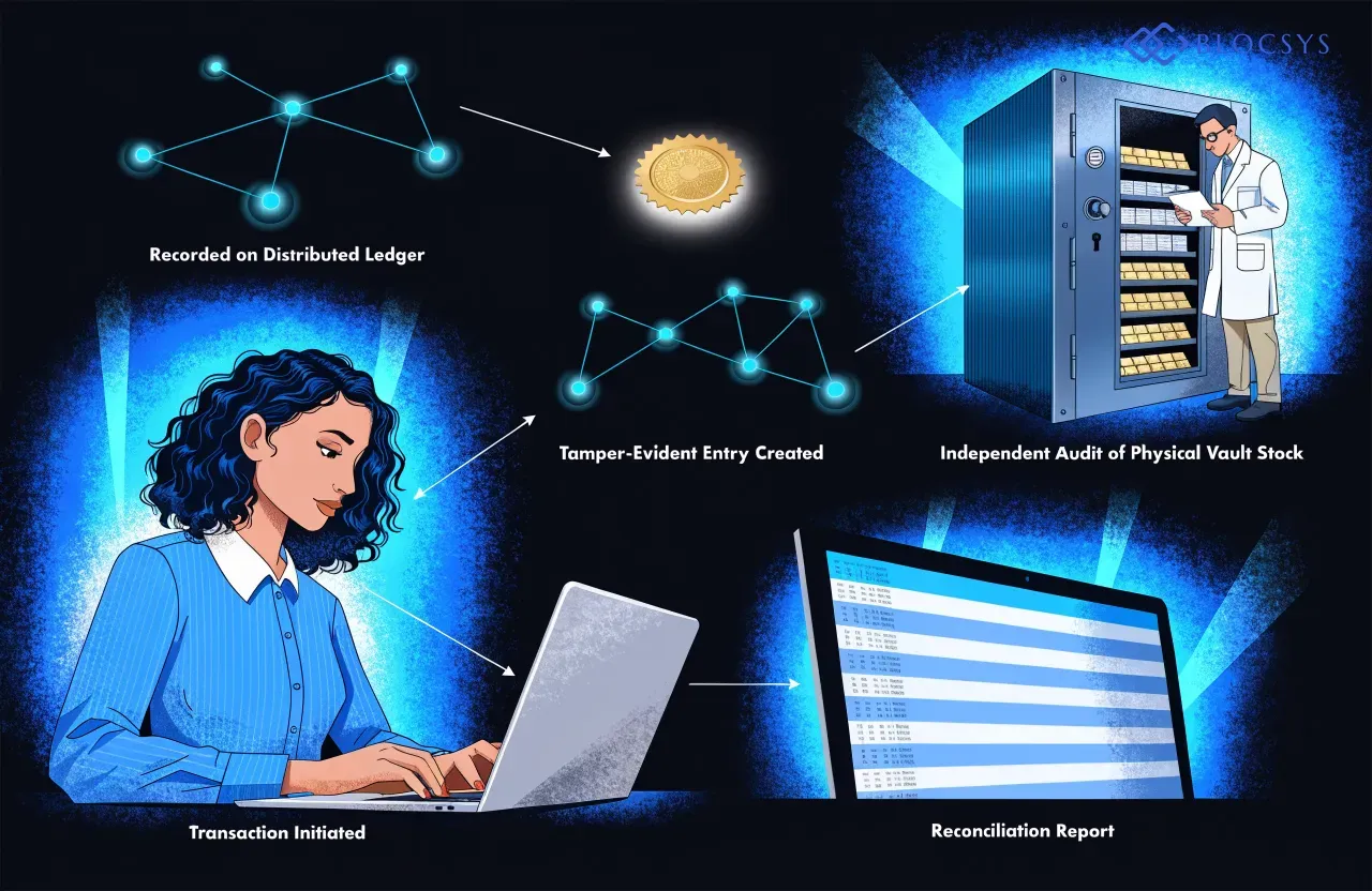 Digital gold business opportunities for jewellers — [Flow diagram showing blockchain record flow: Transaction Initiated → Recorded on Distributed Ledger → Tamper-Evident Entry Created → Independent Audit of Physical Vault Stock → Reconciliation Report]