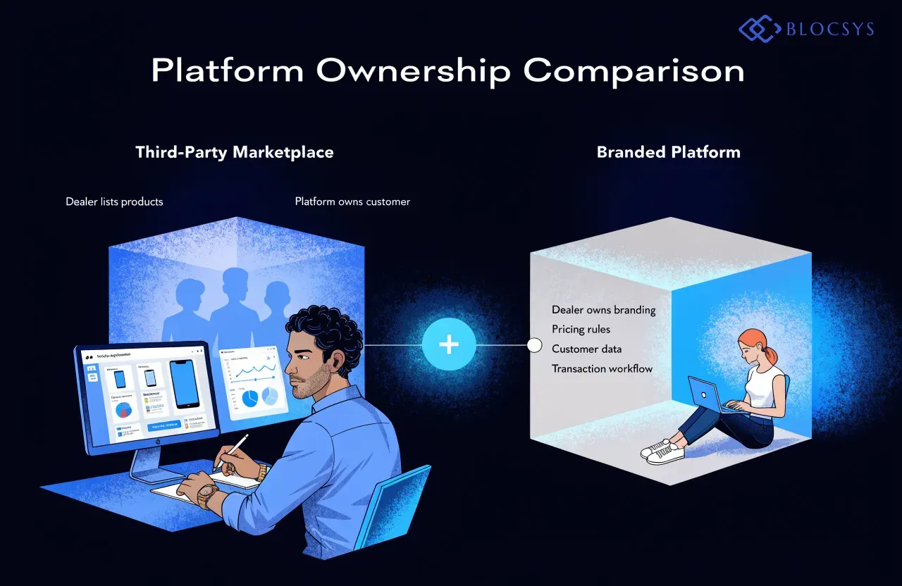 Branded digital gold platform for bullion dealers — Flow diagram showing platform ownership comparison: Third-Party Marketplace (dealer lists products, platform owns customer) vs Branded Platform (dealer owns branding, pricing rules, customer data, and transaction workflow)